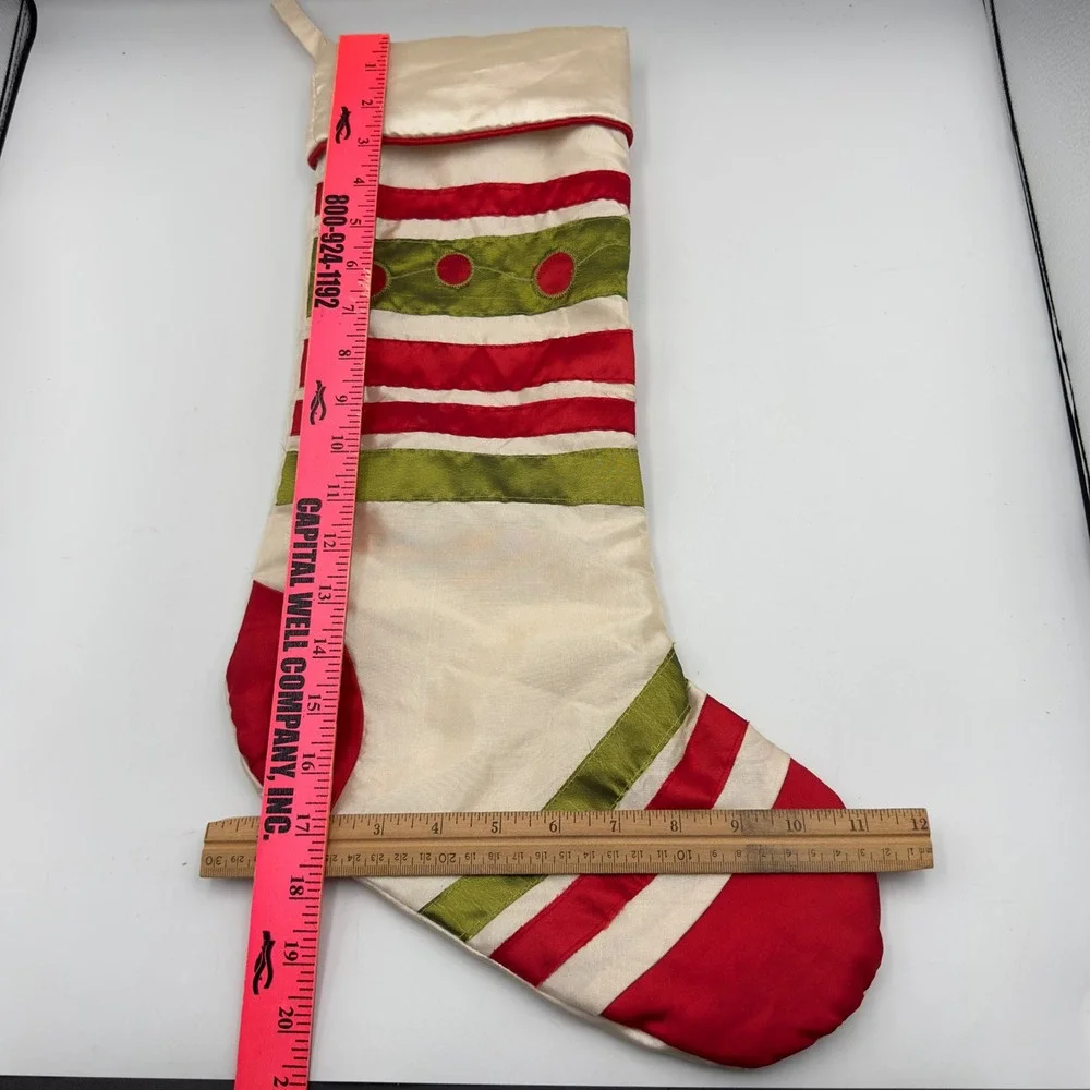 Imperial Home Fashion Christmas Stocking Red Green Striped cream Satin‎